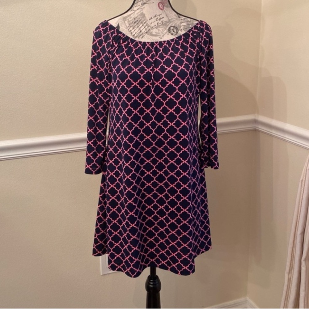Boho Style Dress with Pink and Navy Pattern - Picture 3 of 9